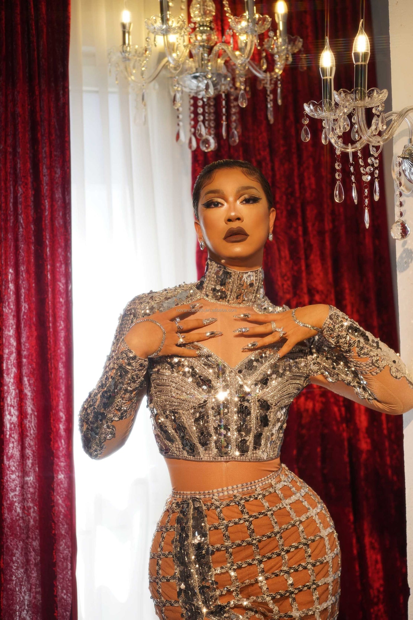 Women Sexy 2 Piece Outfit Sparkly Diamond Crystal See Through Set Long Sexy Sheer Gown Dress For Evening Birthday Prom Party