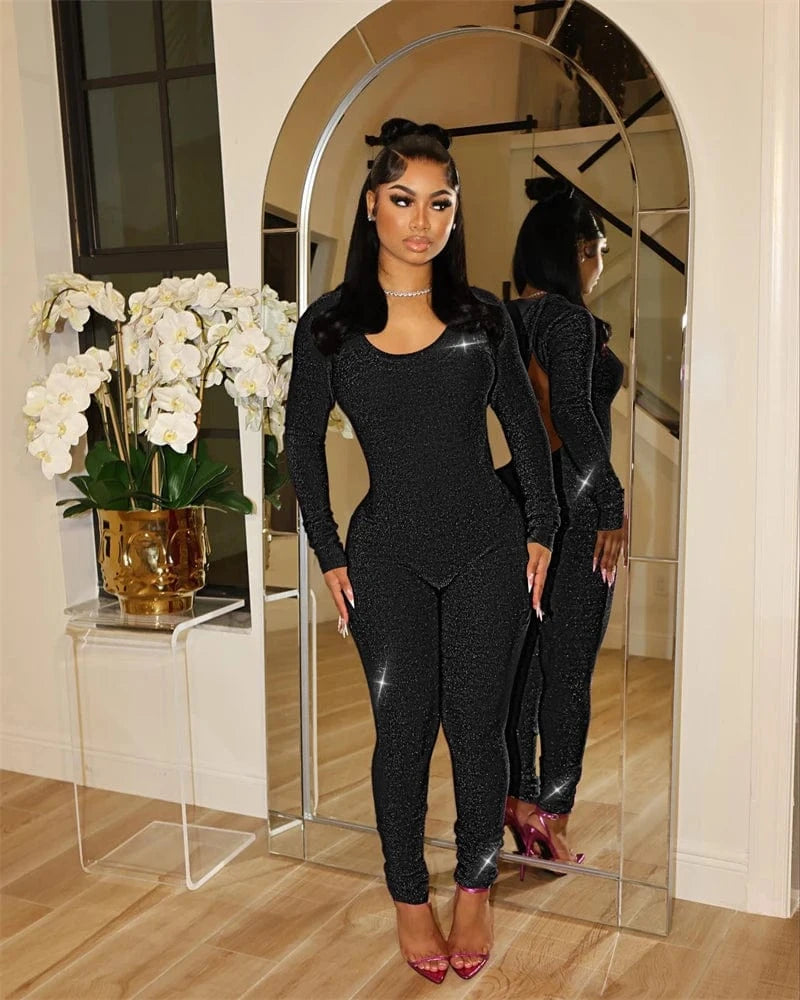 women sexy black shiny glossy stretchy one piece long sleeve pants hoodie jumpsuit full length club clothing with hoodie