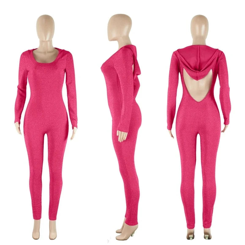 women sexy black shiny glossy stretchy one piece long sleeve pants hoodie jumpsuit full length club clothing with hoodie