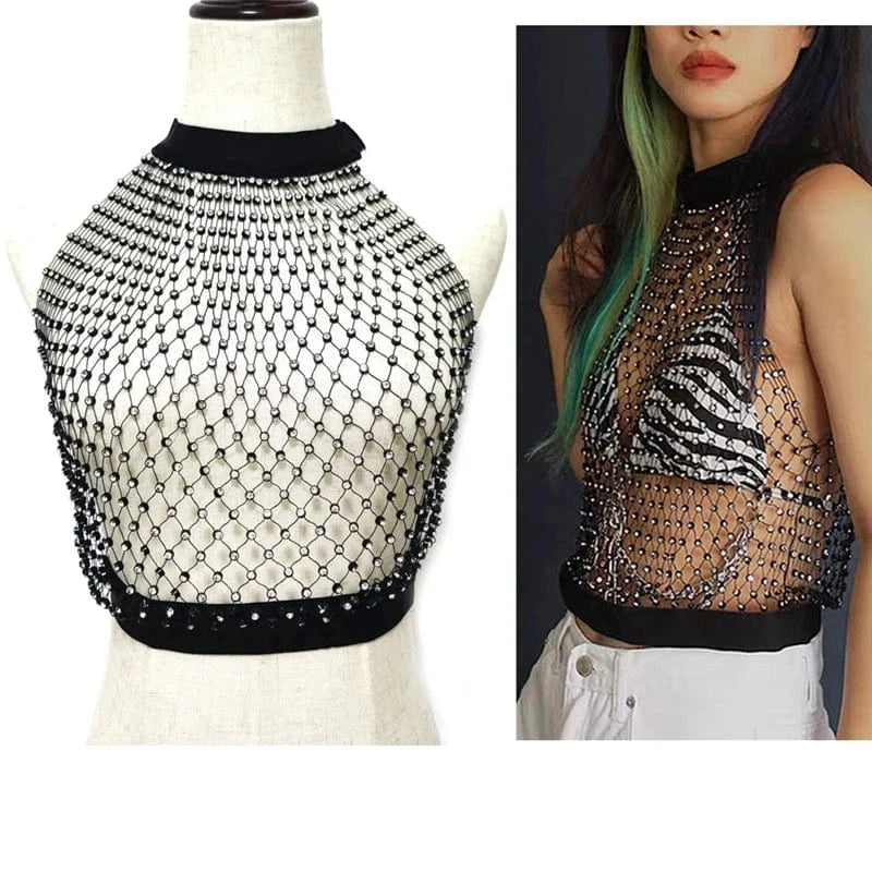 Women Sexy Diamond Mesh Cover Up Tank Top Hollow Out Elastic Fishnet See Through Rhinestone Net Crop Top