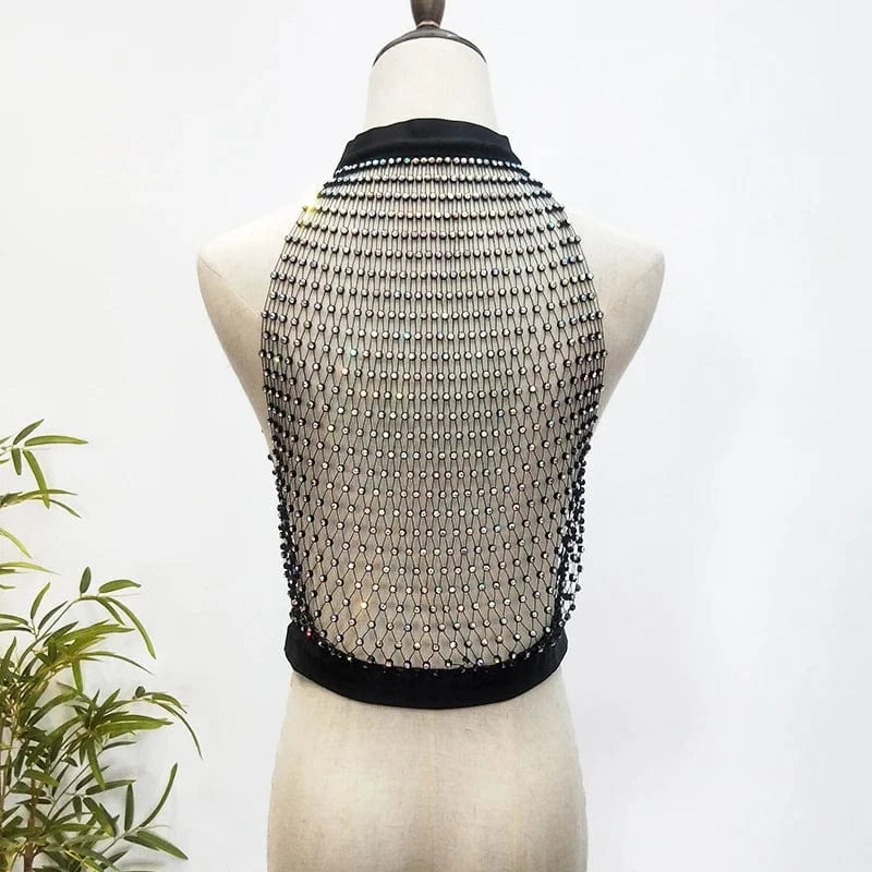 Women Sexy Diamond Mesh Cover Up Tank Top Hollow Out Elastic Fishnet See Through Rhinestone Net Crop Top