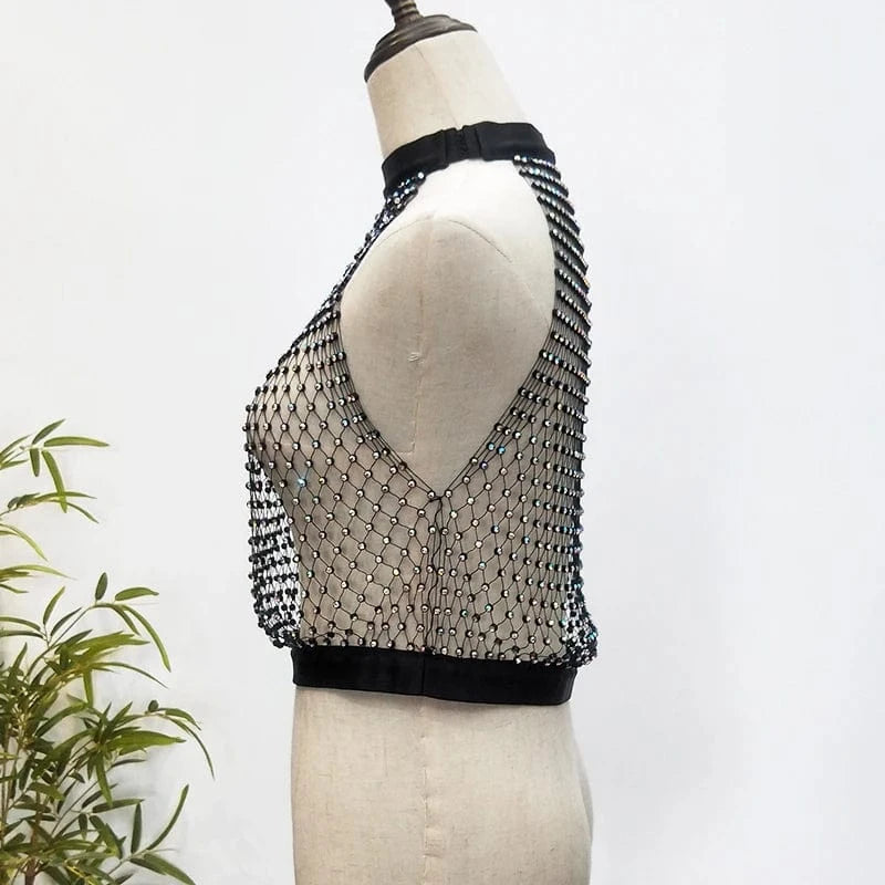 Women Sexy Diamond Mesh Cover Up Tank Top Hollow Out Elastic Fishnet See Through Rhinestone Net Crop Top