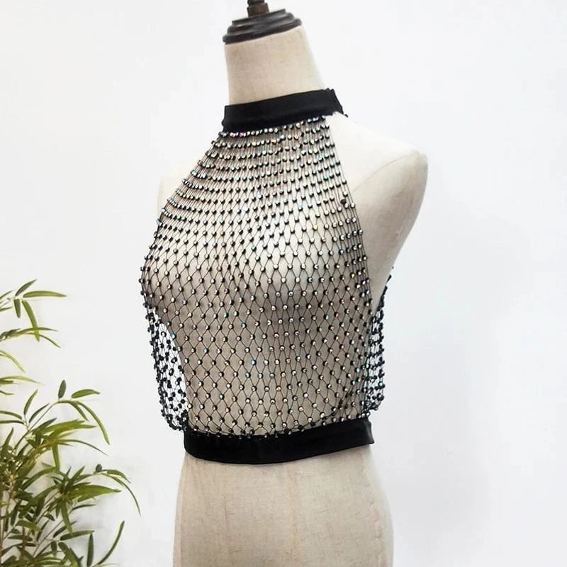 Women Sexy Diamond Mesh Cover Up Tank Top Hollow Out Elastic Fishnet See Through Rhinestone Net Crop Top