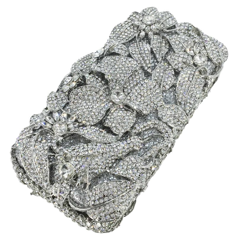 Women Silver Evening Purses and Handbags Wedding Party Dinner Crystal Flower Clutch Bags Minaudiere Bag
