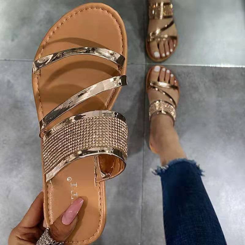 women size 8=39 / 3 New popular cheap slippers shoes shinny rhinestone flat sandals for women ladies luxury female fashion flat slippers