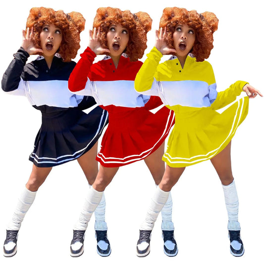 Women Skirt Sets Two Piece Outfits Clothing 2 Piece Pleated Hoodie Skirt Long Sleeve Set Basketball Mini Dress Skirt Set