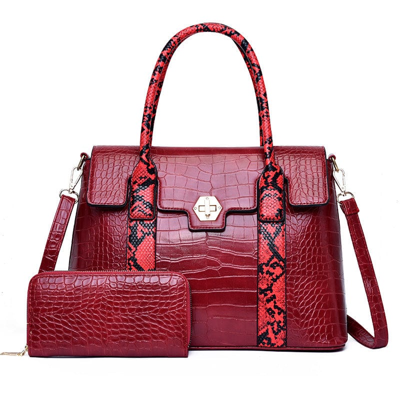 Women Snake Skin Crocodile Print Handbags Satchel Purses Top Handle Tote Work Shoulder Bags with Matching Clutch 2pcs Set