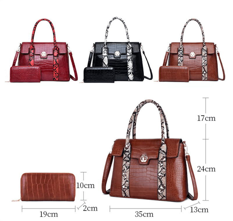 Women Snake Skin Crocodile Print Handbags Satchel Purses Top Handle Tote Work Shoulder Bags with Matching Clutch 2pcs Set