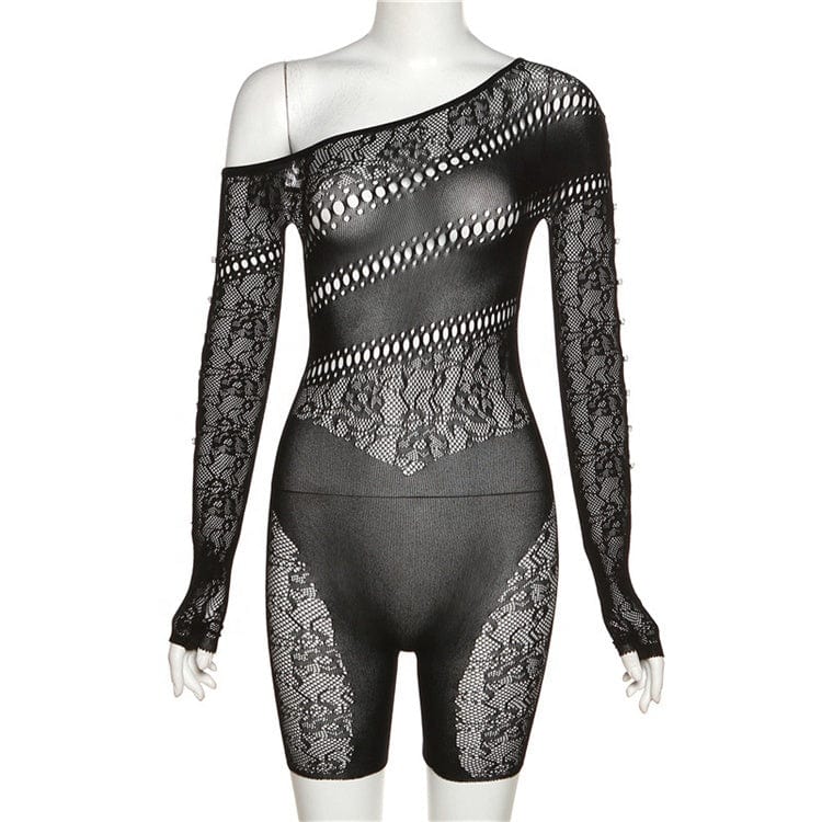 Women Solid Hollow Out Print Playsuits Long Sleeve One-piece Shorts Rompers Diamond Button Sexy Outfits