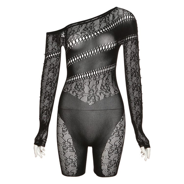 Women Solid Hollow Out Print Playsuits Long Sleeve One-piece Shorts Rompers Diamond Button Sexy Outfits