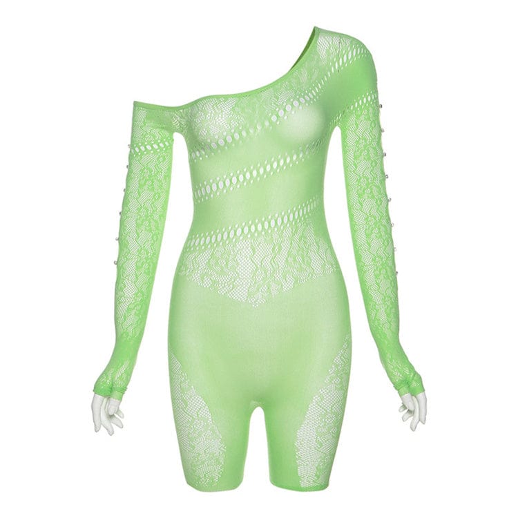 Women Solid Hollow Out Print Playsuits Long Sleeve One-piece Shorts Rompers Diamond Button Sexy Outfits