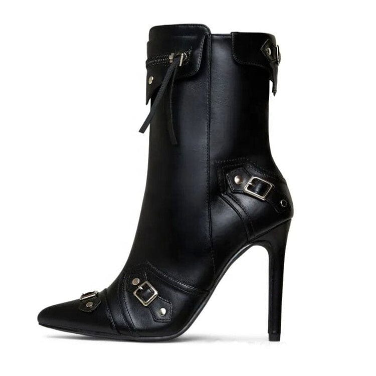 Women Stiletto Heel Black Retro Style Metal Decor Motorcycle Boots Fashion Pointed Toe Side Zipper Winter Comfort Ankle Boots