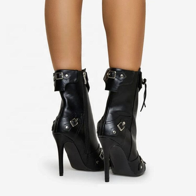 Women Stiletto Heel Black Retro Style Metal Decor Motorcycle Boots Fashion Pointed Toe Side Zipper Winter Comfort Ankle Boots