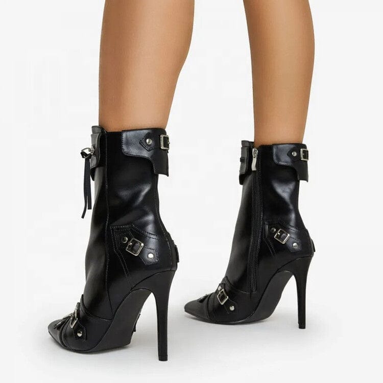 Women Stiletto Heel Black Retro Style Metal Decor Motorcycle Boots Fashion Pointed Toe Side Zipper Winter Comfort Ankle Boots