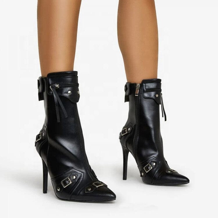 Women Stiletto Heel Black Retro Style Metal Decor Motorcycle Boots Fashion Pointed Toe Side Zipper Winter Comfort Ankle Boots