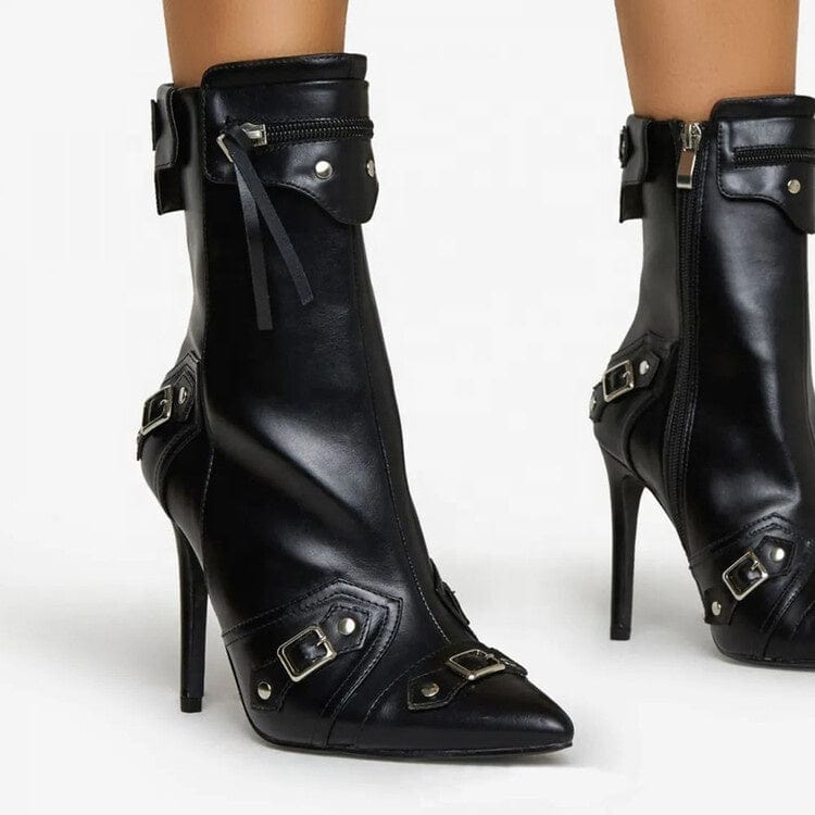 Women Stiletto Heel Black Retro Style Metal Decor Motorcycle Boots Fashion Pointed Toe Side Zipper Winter Comfort Ankle Boots