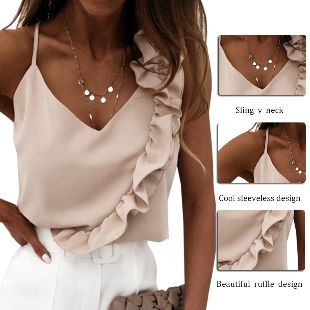 Women Summer Blouse Shirts Sexy V Neck Ruffle Blouses Backless Spaghetti Strap Office Ladies Sleeveless Casual Tops