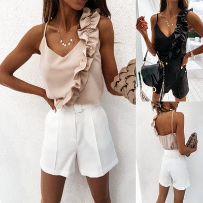 Women Summer Blouse Shirts Sexy V Neck Ruffle Blouses Backless Spaghetti Strap Office Ladies Sleeveless Casual Tops