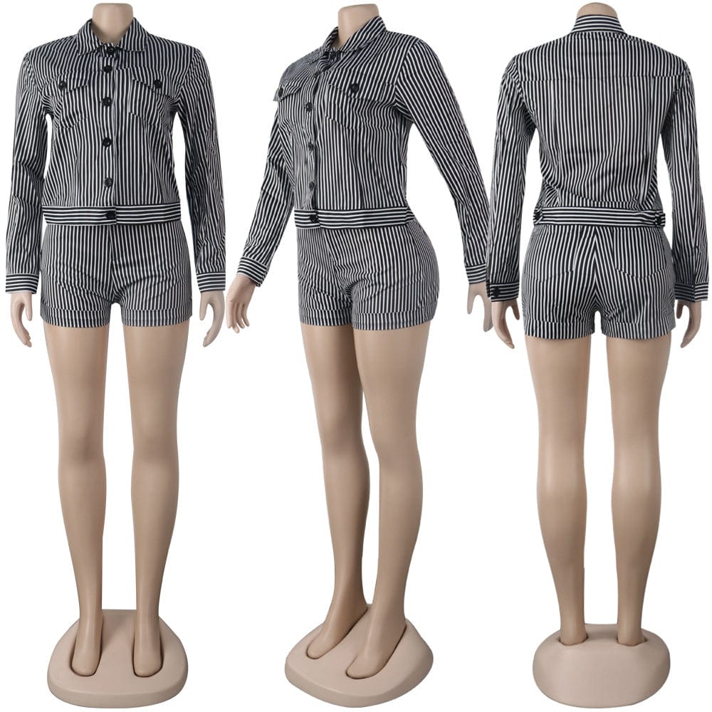 Women Summer Chic Suits Striped Jackets+Shorts Two Piece Set Night Club Party 2 Pcs Outfits Streetwear For Garment Display