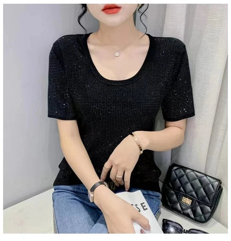 Women Summer Clothing Bling Bling Rhinestone T-shirts Women Black Silver Diamond T-shirts