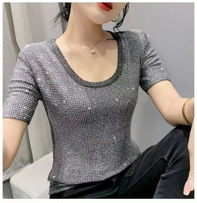 Women Summer Clothing Bling Bling Rhinestone T-shirts Women Black Silver Diamond T-shirts