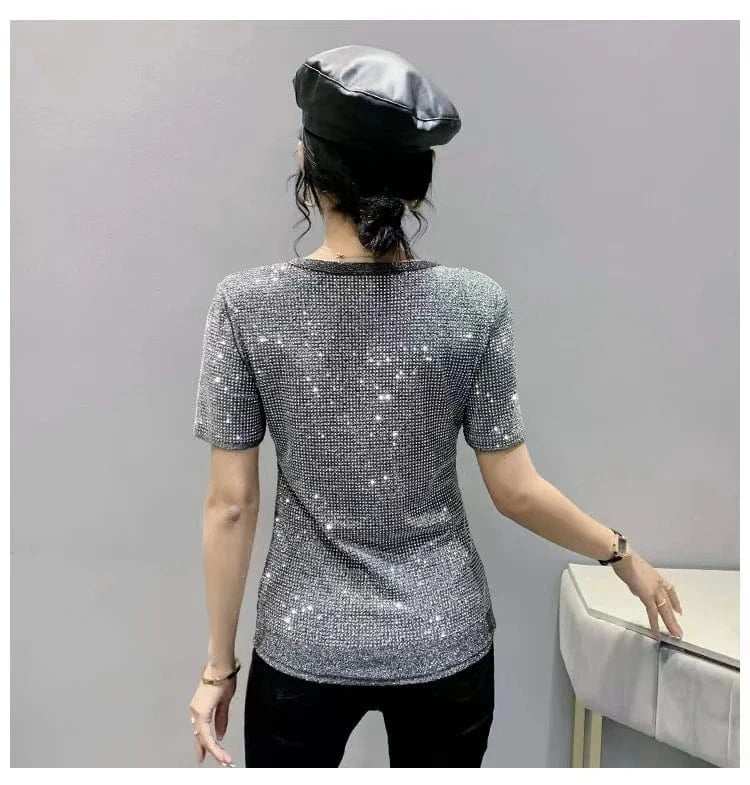 Women Summer Clothing Bling Bling Rhinestone T-shirts Women Black Silver Diamond T-shirts