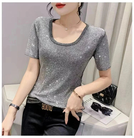 Women Summer Clothing Bling Bling Rhinestone T-shirts Women Black Silver Diamond T-shirts