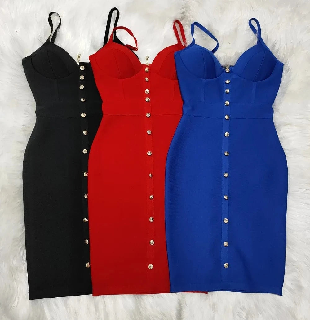 Women Summer Sexy Sleeveless Backless Blue Button Midi Bodycon Bandage Dress 2024 Elegant Party Stage Performance Dress