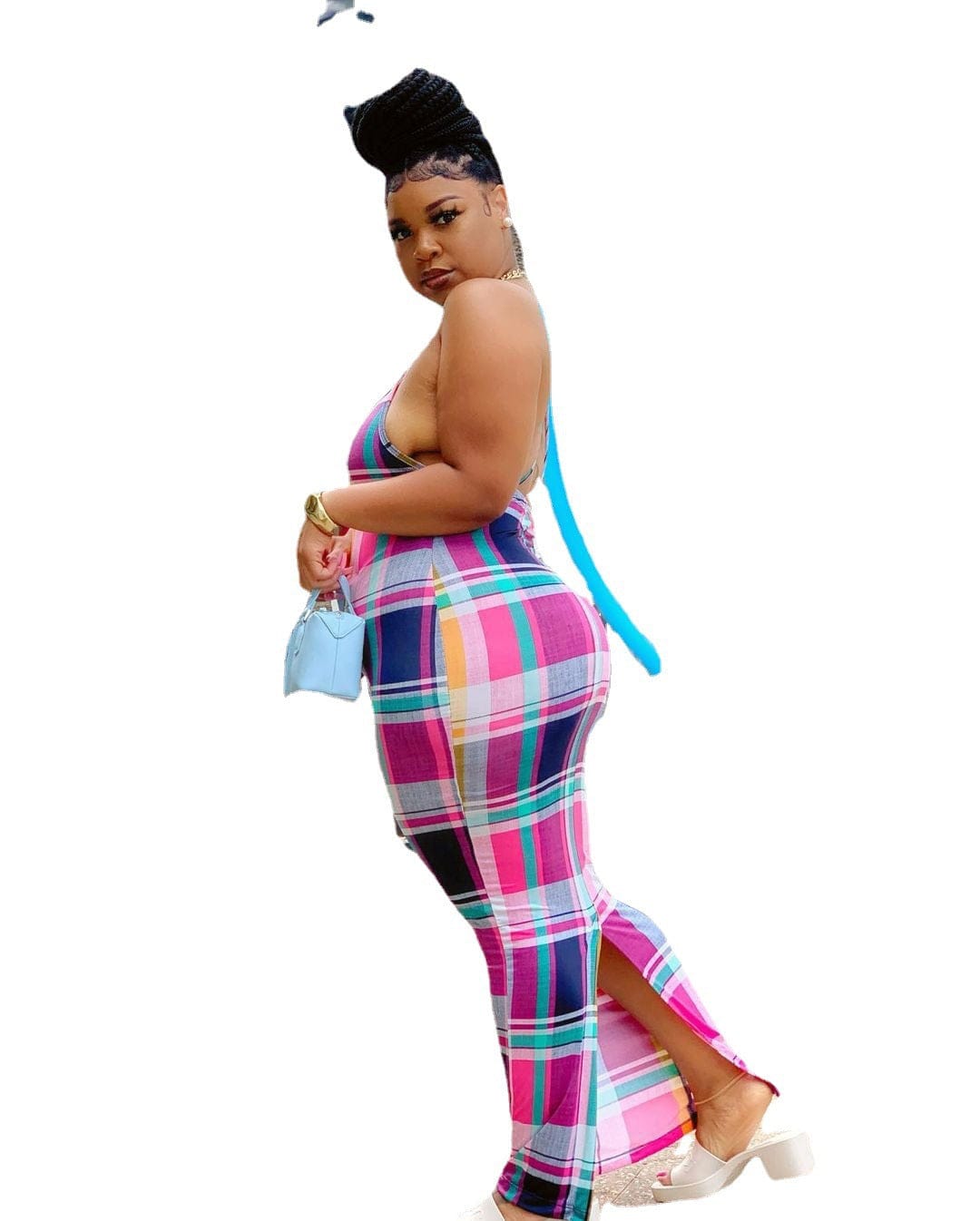 Women summer sling plaid printing midi sexy sleeveless dress women's plus size clothing closeout clothing women's plus size