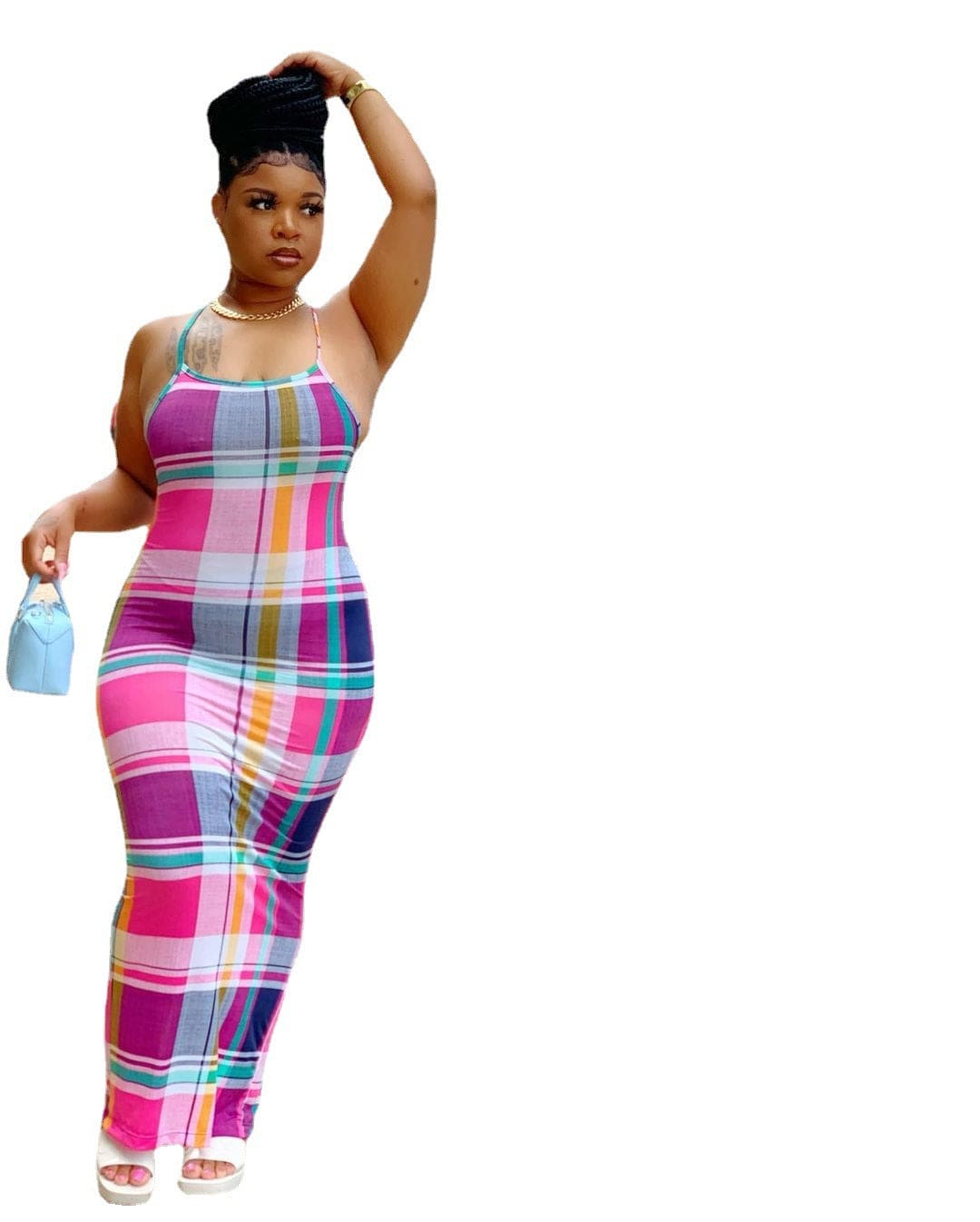 Women summer sling plaid printing midi sexy sleeveless dress women's plus size clothing closeout clothing women's plus size