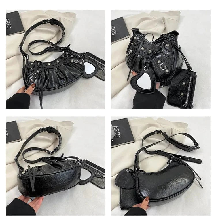 Women Tassel Handbags Purses Set Rivet PU Leather Pleated Shoulder Bag Crossbody Female Purse Multi-pocket Denim Moon Saddle Bag