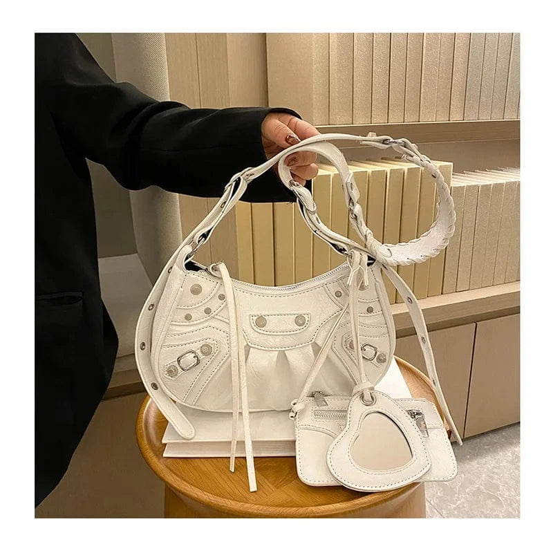 Women Tassel Handbags Purses Set Rivet PU Leather Pleated Shoulder Bag Crossbody Female Purse Multi-pocket Denim Moon Saddle Bag