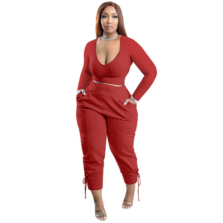 Women Tracksuit Sweatsuit Set Women Outfits Casual Solid Bandage Patchwork V Neck Plus Size Two Pieces Pant Set