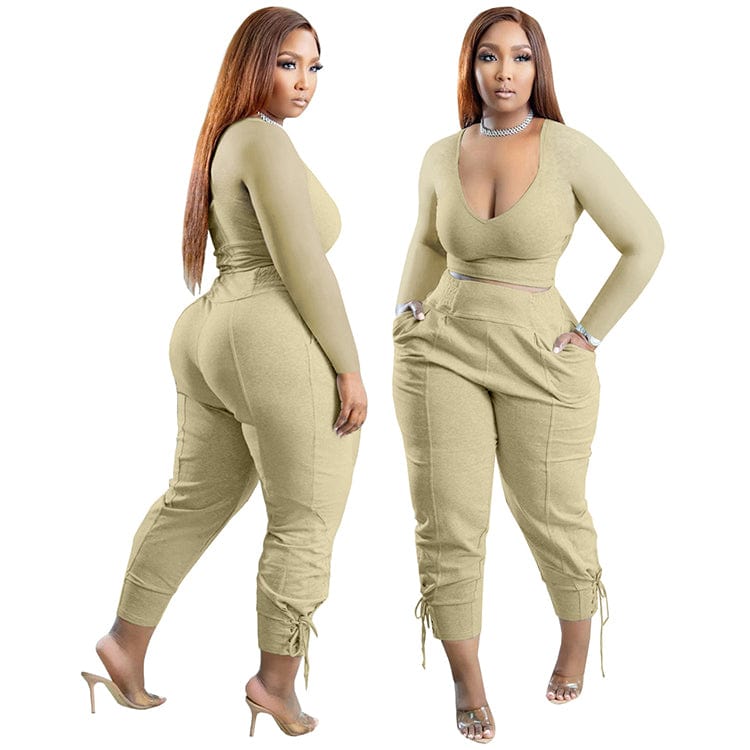 Women Tracksuit Sweatsuit Set Women Outfits Casual Solid Bandage Patchwork V Neck Plus Size Two Pieces Pant Set