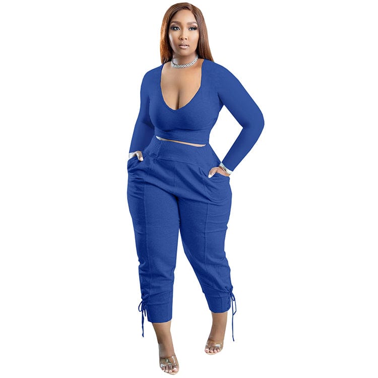 Women Tracksuit Sweatsuit Set Women Outfits Casual Solid Bandage Patchwork V Neck Plus Size Two Pieces Pant Set