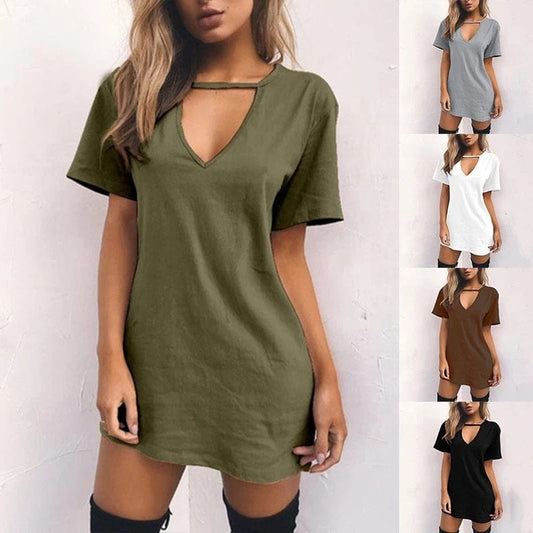 Women Tshirt Dress Choker Deep V-Neck Summer Dresses Mini T-Shirt Short Sleeve Ladies Casual Sexy Clothing Dropshipping