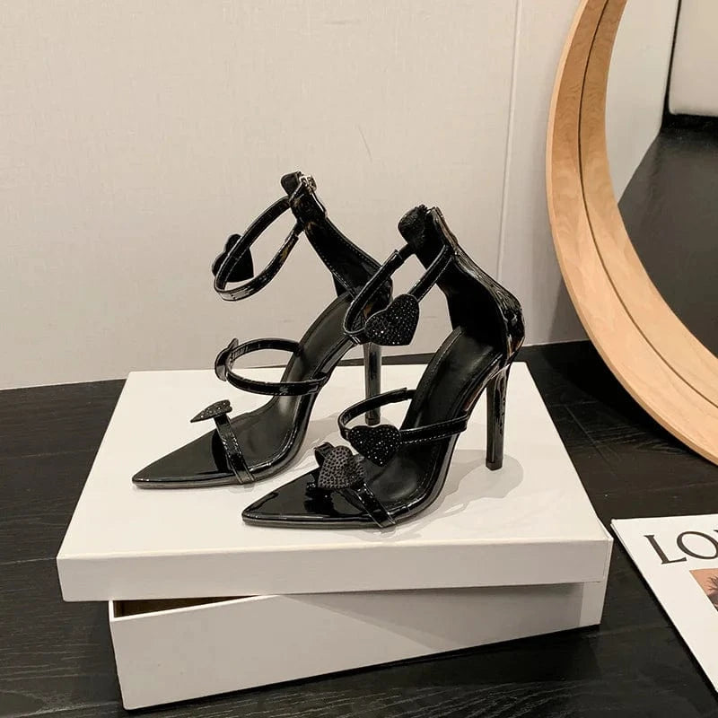 Women US10/EU42 / Black 35-42 New 2024 heart-shaped Rhinestone Stiletto Tacones Sandals High Heels for Ladies