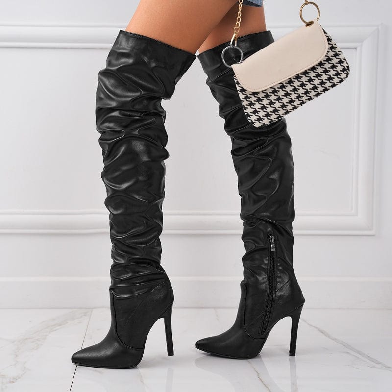 Women US10/EU42 / black Botas Largas De Mujer Pleated Wrinkle Trendy Stiletto Heel Lady Over the Knee Thigh High Boots for Women