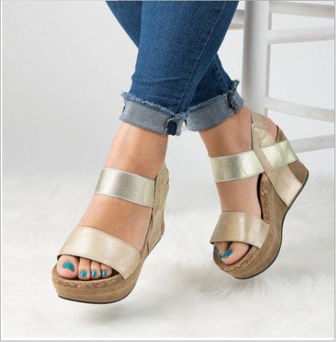Women US10/EU42 / Gold Sandalias Mujer Elastic Design Comfortable Cork Chaussure Femme Platform Shoes Women Wedge Heel Sandals EVA PU Rubber 1 Pair