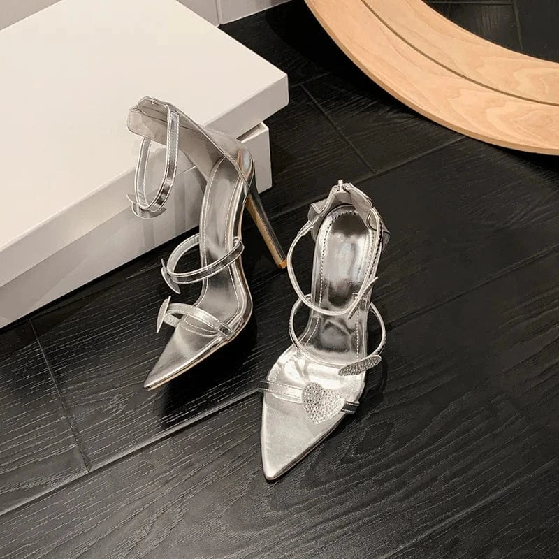 Women US10/EU42 / silver 35-42 New 2024 heart-shaped Rhinestone Stiletto Tacones Sandals High Heels for Ladies