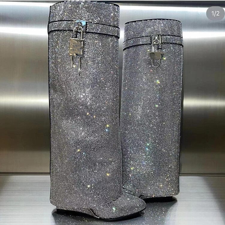 Women US11/EU43 / silver Cut Pants Botas Alto Height Increasing Lock Decorated Wedge Heel Shoes Women Diamond Rhinestone Boots