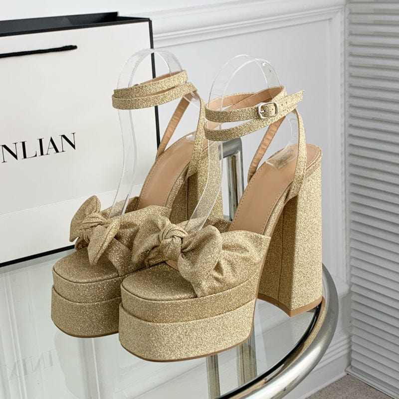 Women US4.5/EU35 / Gold Bling Sequin Material Sandalias Con Tacon Bow Chunky Lace up 2023 Women Shoes Strappy Heels