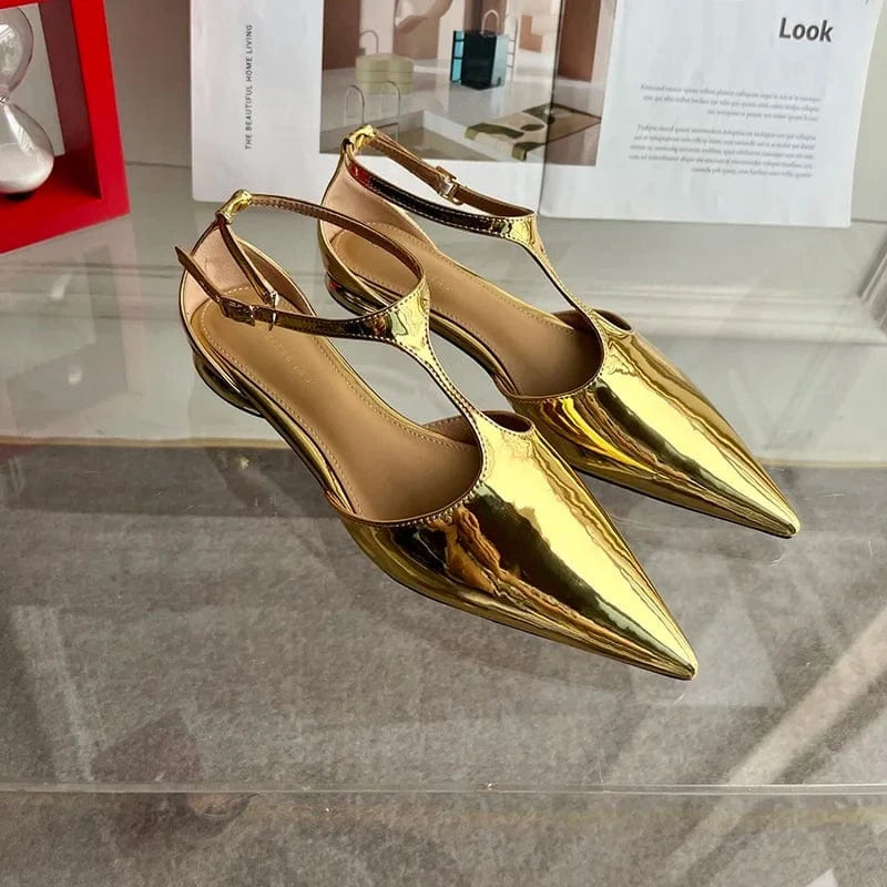 Women US4.5/EU35 / Gold Women New Brand Fashion Pointed Toe Gold Ladies Elegant Dress Slingback Low Heel Mary Jane Flat Shoes
