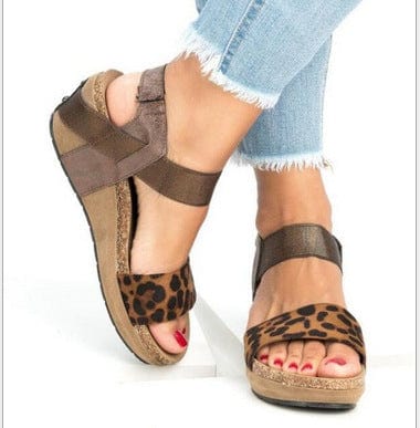 Women US5/EU36 / Leopard Sandalias Mujer Elastic Design Comfortable Cork Chaussure Femme Platform Shoes Women Wedge Heel Sandals EVA PU Rubber 1 Pair