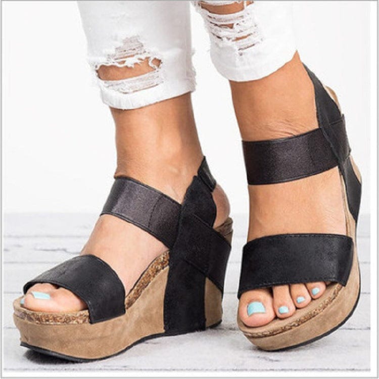 Women US8/EU40 / Black Sandalias Mujer Elastic Design Comfortable Cork Chaussure Femme Platform Shoes Women Wedge Heel Sandals EVA PU Rubber 1 Pair