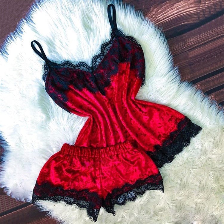 Women Velvet Lace Sleepwear Pajamas Sexy Sleeveless Camisole With Shorts Lingerie Two Piece Summer Nightwear