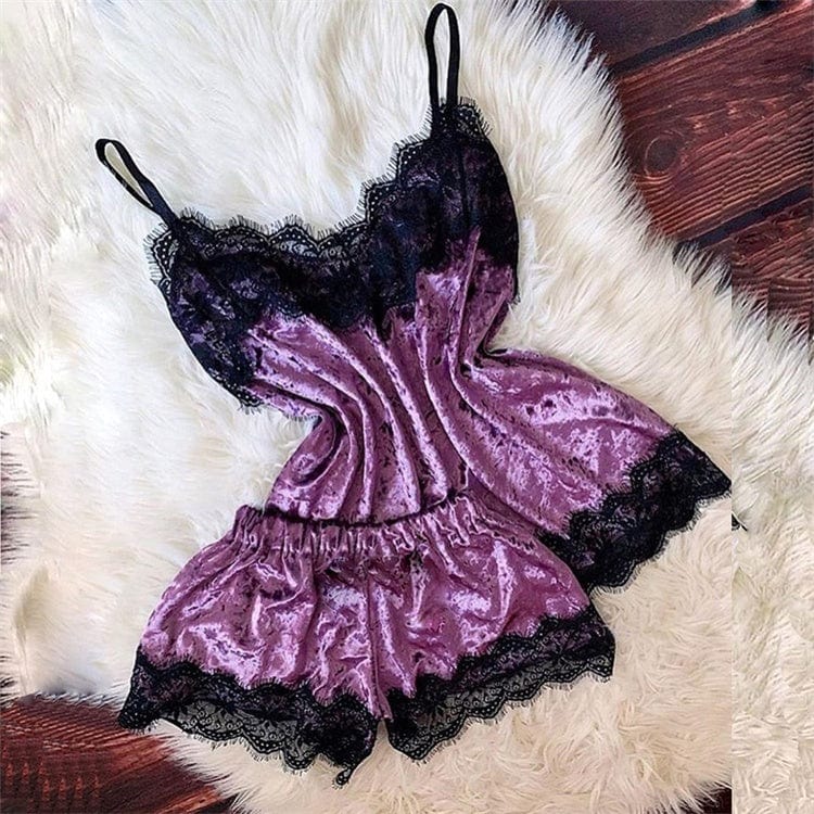Women Velvet Lace Sleepwear Pajamas Sexy Sleeveless Camisole With Shorts Lingerie Two Piece Summer Nightwear