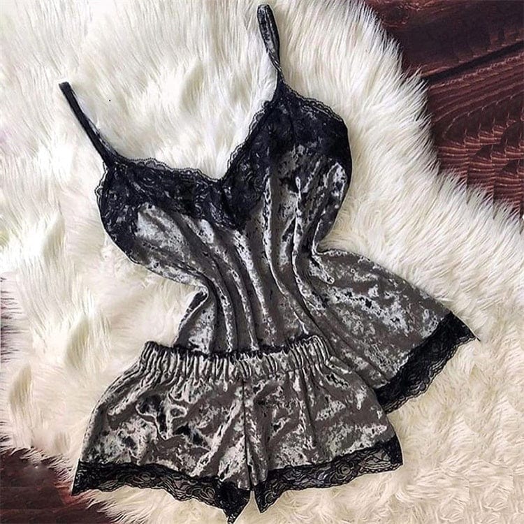 Women Velvet Lace Sleepwear Pajamas Sexy Sleeveless Camisole With Shorts Lingerie Two Piece Summer Nightwear