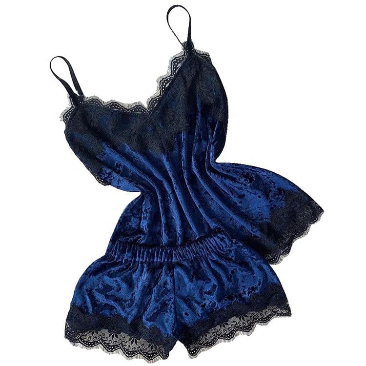 Women Velvet Lace Sleepwear Pajamas Sexy Sleeveless Camisole With Shorts Lingerie Two Piece Summer Nightwear
