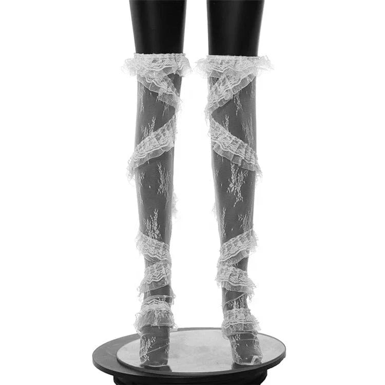 Women Y2K American Reto Hotsweet Summer Lace Thigh High Socks Sheer Ruffle Floral Stockings Socks